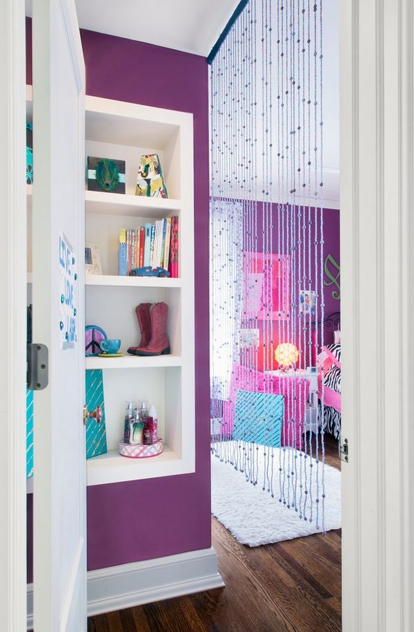kids bedroom decorating ideas beaded curtain purple wall color
