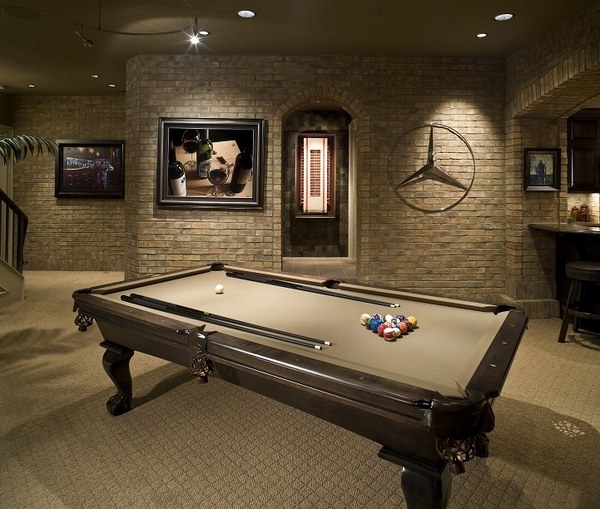 basement remodel stone wall pool table