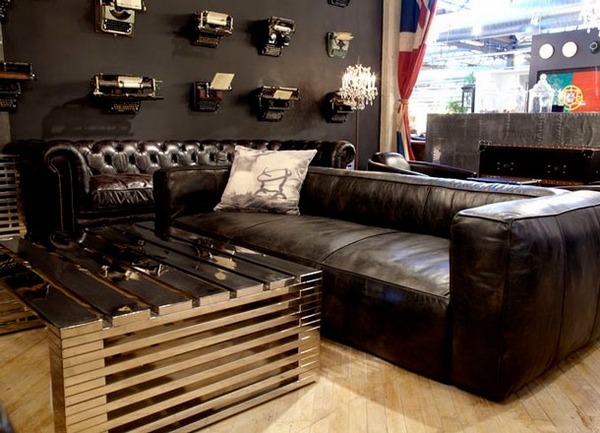 black leather sofa table black walls