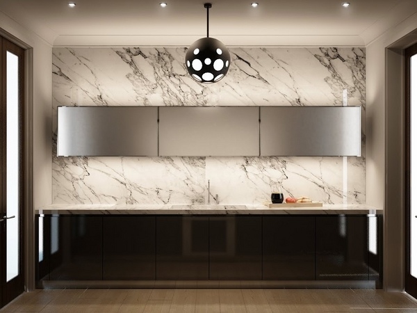 marble backsplash accent wall black gray cabinets