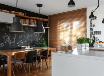 modern-kitchen-chalkboard-wall-ideas-solid-wood-dining-table-white-cabinets