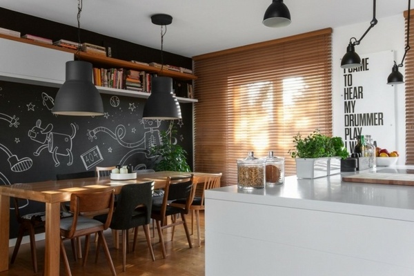 modern kitchen chalkboard wall ideas solid wood dining table 