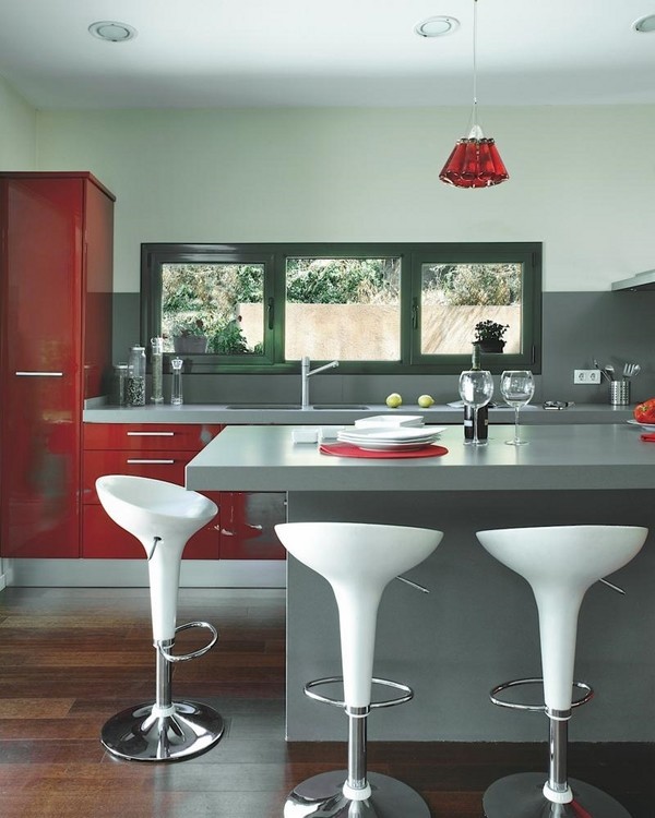 modern kitchen design gray red colors white bar stools