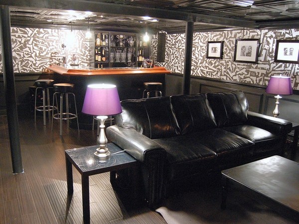 small room design ideas home bar black leather sofa table lamps