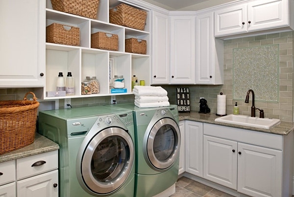 Built in laundry room shelving white cabinets tile backsplash