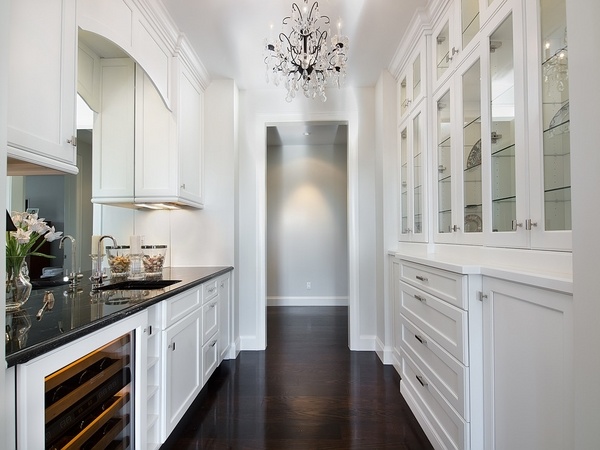 Butlers-pantry-ideas kitchen design ideas white cabinets wine cooler crystal chandelier