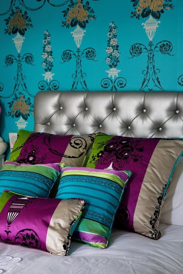 Contemporary-bohemian-bedroom-ideas-silver-tufted-headboard-wall-murals-decorative-pillows