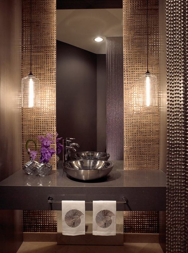 guest bathroom decorating ideas beaded curtains floating vanity metal vessel sink
