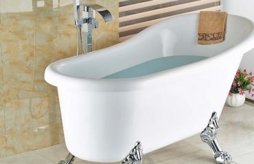 Floor-mount-bathroom-faucet-free-standing-clawfoot-bath-tub-tile-flooring