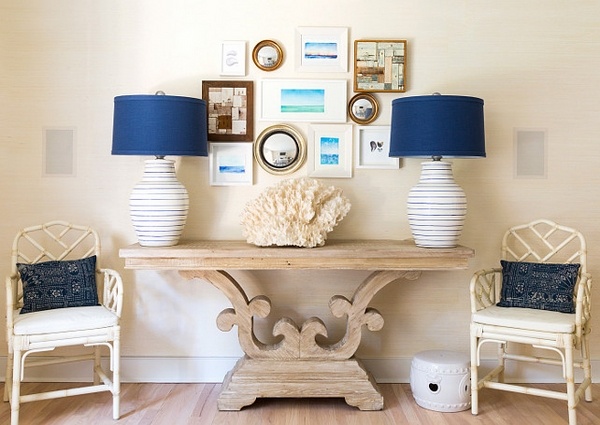 Living room blue and white lamps coastal interior design ideas wood furniture
