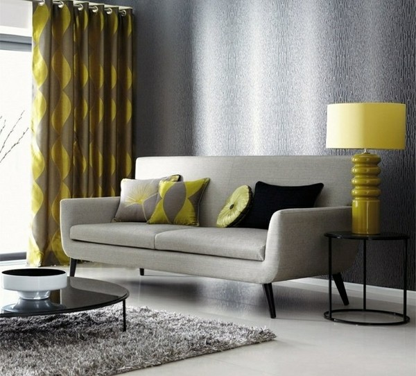 Living room decor ideas gray shaggy rug yellow accents lamp curtains sofa