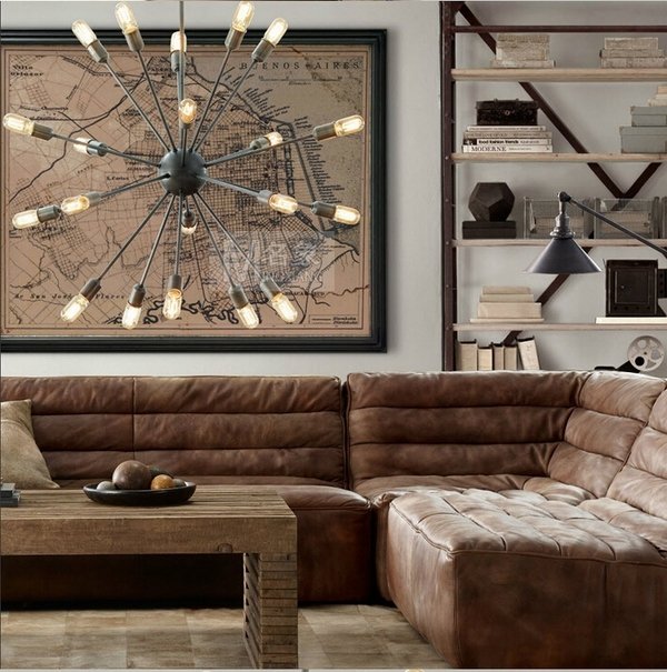 Loft style interior Sputnik chandelier living room lighting ideas