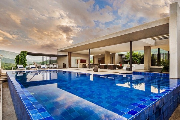 Modern above ground swimming design ideas blue tiles modern pool deck design