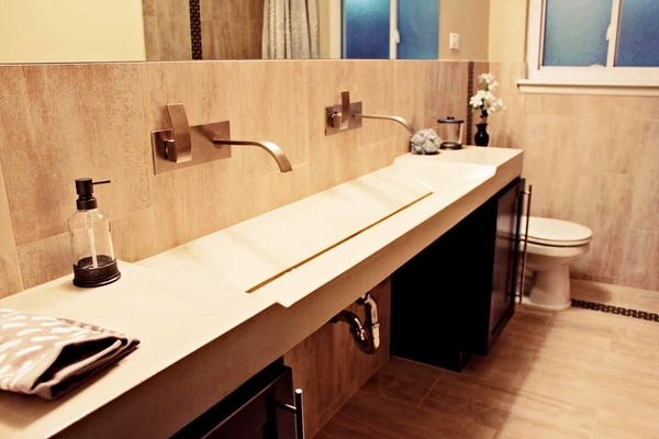 Modern trough sink for undermouth sink wall mounted faucets
