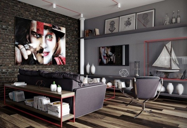 Modern grey brick wall red color accents