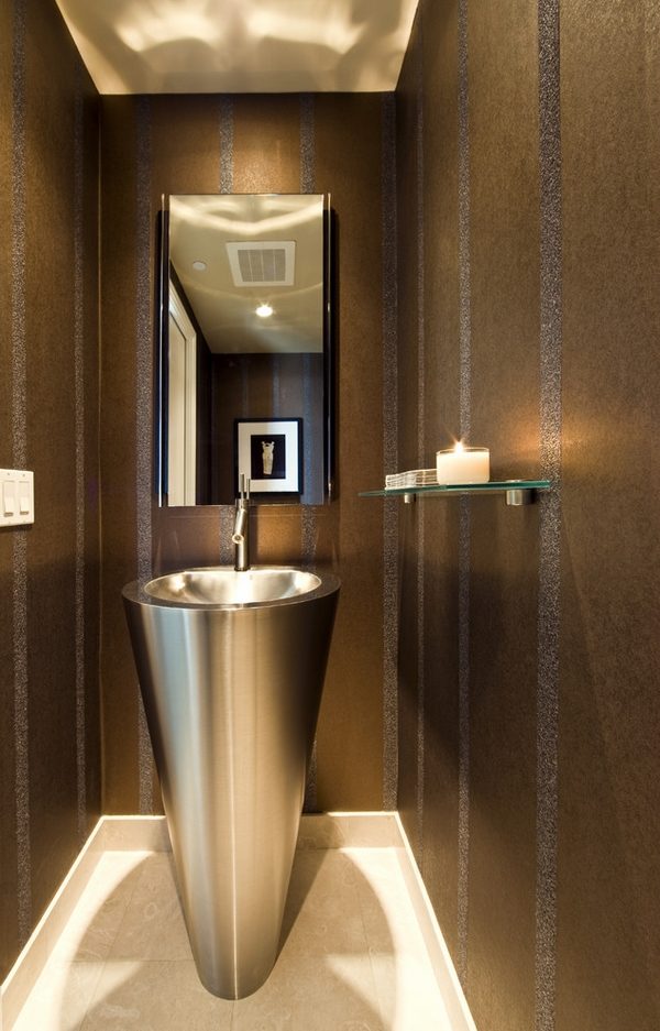 Modern powder room design ideas neutral colors pedestal sink wall mirror