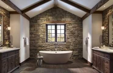 Rustic-bathroom-decor-stone-walls-freestanding-tub-exposed-ceiling-beams