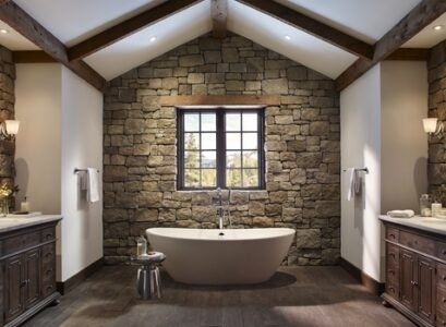 Rustic-bathroom-decor-stone-walls-freestanding-tub-exposed-ceiling-beams