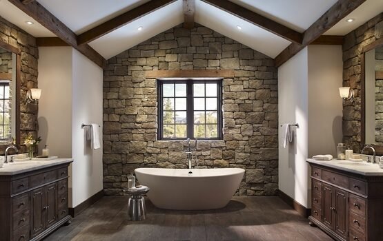 Rustic-bathroom-decor-stone-walls-freestanding-tub-exposed-ceiling-beams