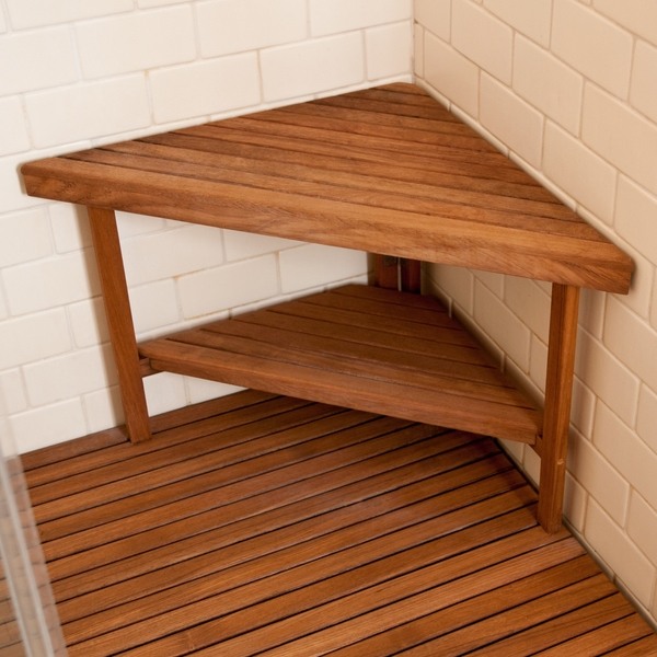 Teak corner shower bench with storage shelf teak shower mat