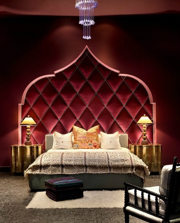 Unique-Moroccan-bedroom-ideas-tufted-headboard-red-wall-color-lighting