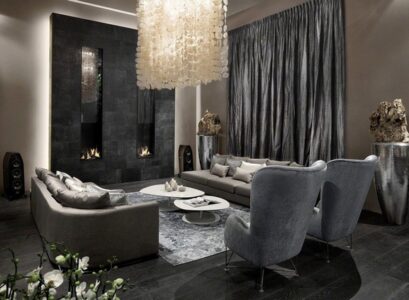 amazing-black-and-grey-living-room-design-gray-curtains-crystal-chandelier