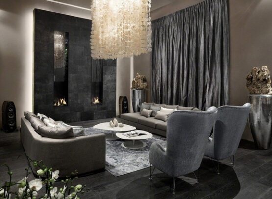 amazing-black-and-grey-living-room-design-gray-curtains-crystal-chandelier