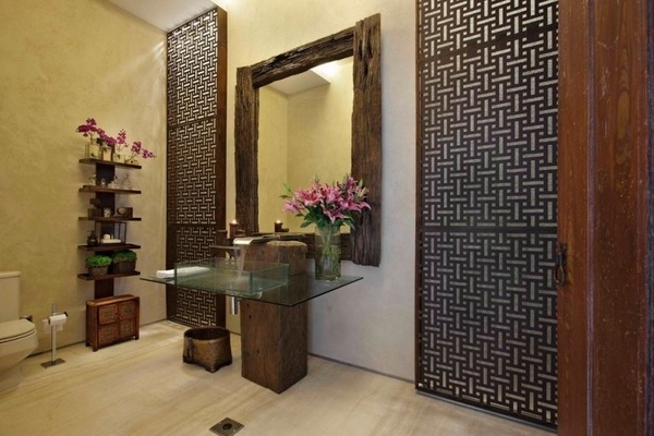 asian inspired bathroom decor wood screens wall decoration