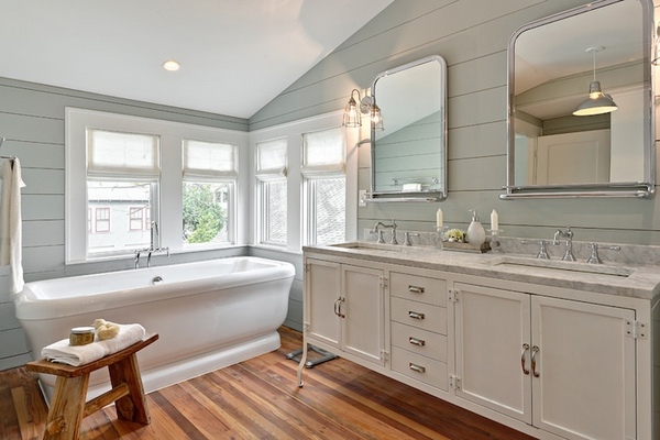 bathroom-decorating-ideas-shiplap-wall-ideas-white-vanity-cabinet-teak-stool