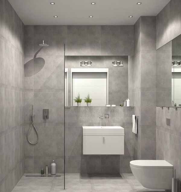 bathroom-furniture-curbless-shower-glass partition wall gray wall tiles 