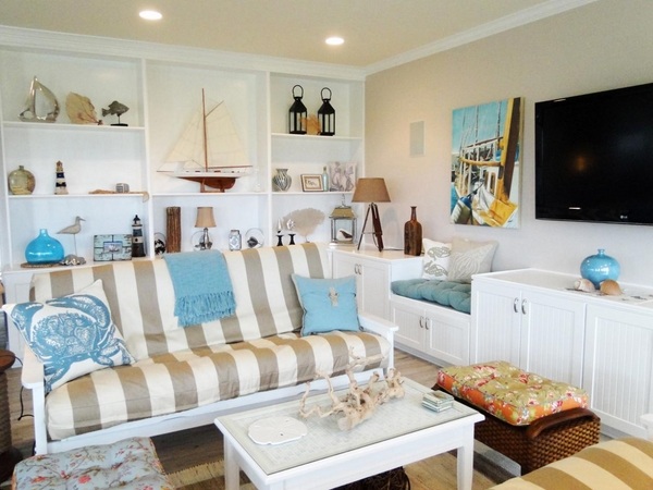beach style decor neutral colors striped upholstery blue accents