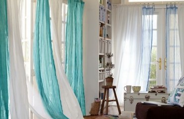 beautiful-curtains-for-french-doors-white-turquoise-colors-buil-in-bookshelf