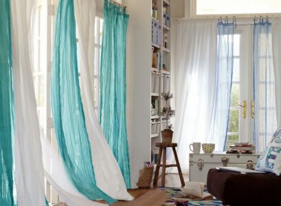 beautiful-curtains-for-french-doors-white-turquoise-colors-buil-in-bookshelf