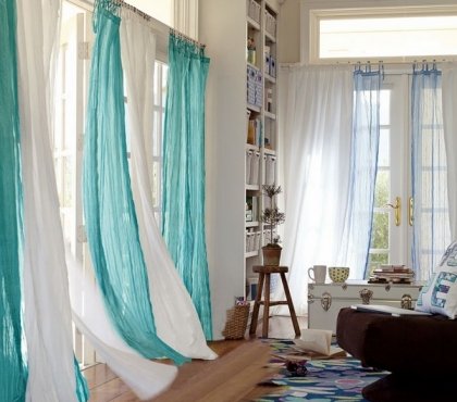beautiful-curtains-for-french-doors-white-turquoise-colors-buil-in-bookshelf