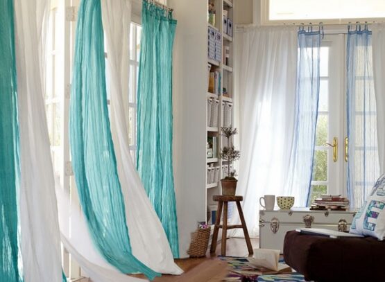 beautiful-curtains-for-french-doors-white-turquoise-colors-buil-in-bookshelf