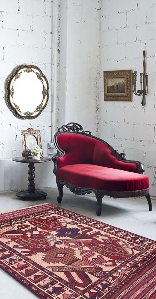 beautiful fainting sofa design red upholstery round side table
