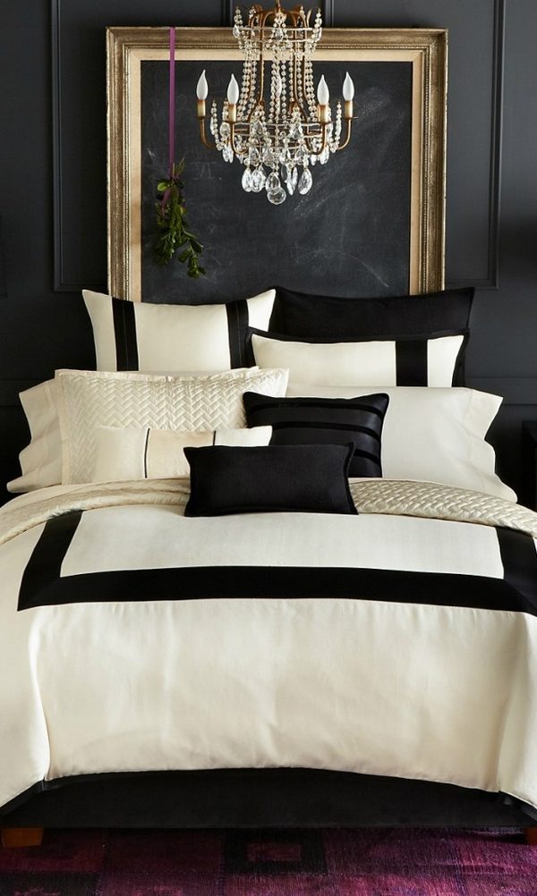 black white bedroom design gold accents 