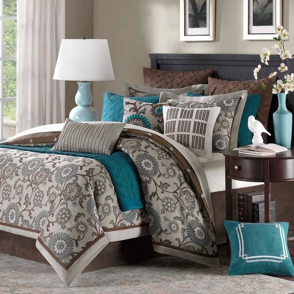chocolate brown gray teal elegant bedroom design