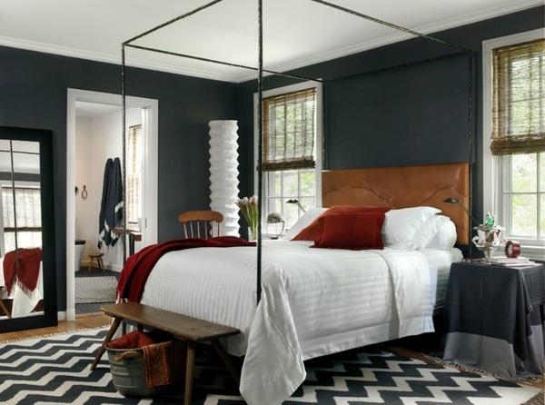 bedroom-color-schemes-dark-gray-brown-bedroom-canopy-bed-geometric-carpet-pattern