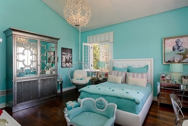 bedroom decorating ideas turquoise wall color white bed headboard turquoise bedding set