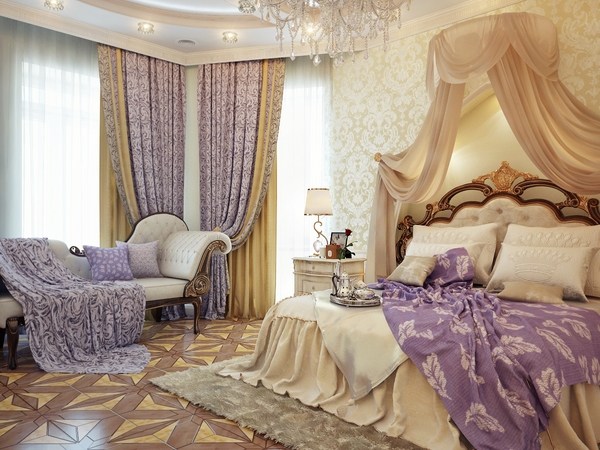 bedroom ideas canopy bed-fainting-couch-crystal chandelier