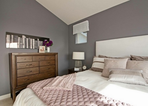 bedroom wall color ideas neutral gray pink bedspread white headboard