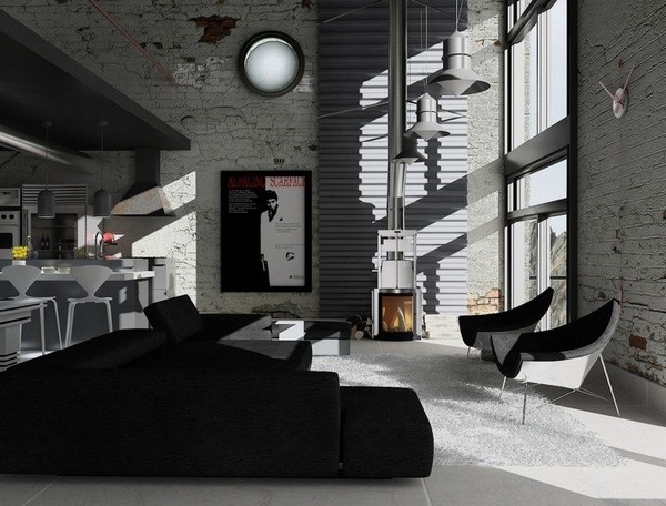 black-and-gray-living-room-furniture-ideas-low-sofa-shaggy-carpet-brick-wall