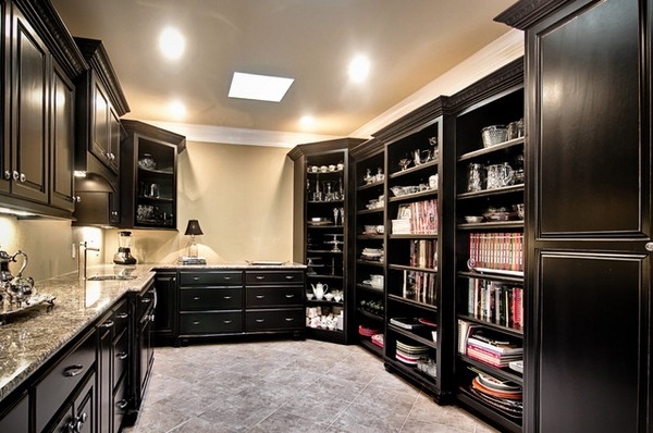 black cabinets pantry ideas storage shelves granite countertops