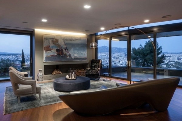 black gray living room interior carpet modern coffee table modern fireplace