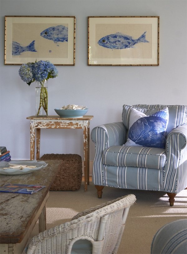 blue white stripe armchair coastal style living room decor vintage table 