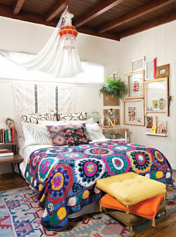 bohemian bedroom decor ideas colorful bedding orange yellow floor cushions ethnic rug
