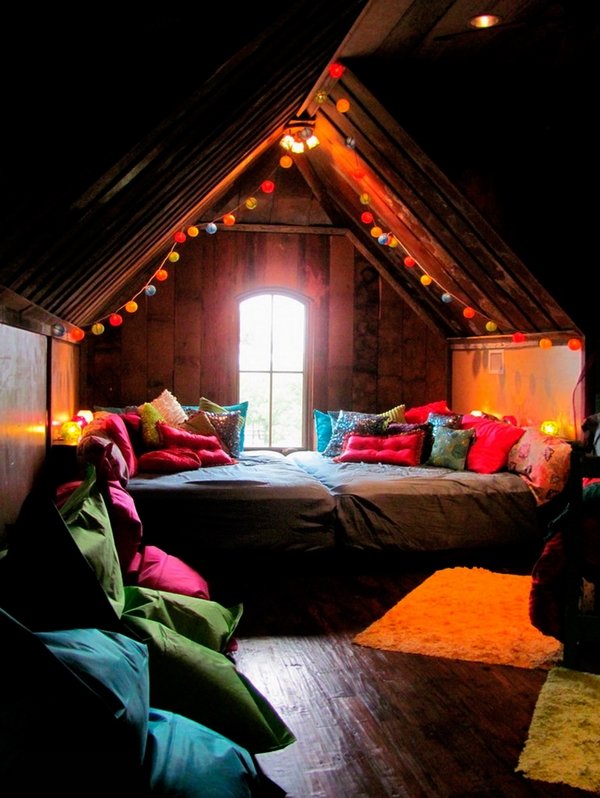  colorful pillows string lights shaggy rugs