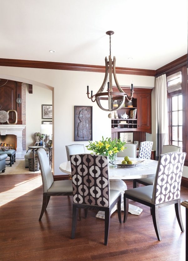 breakfast-nook-furniture-ideas-round-dining-table-upholstered-chairs-wine-barrel-chandelier