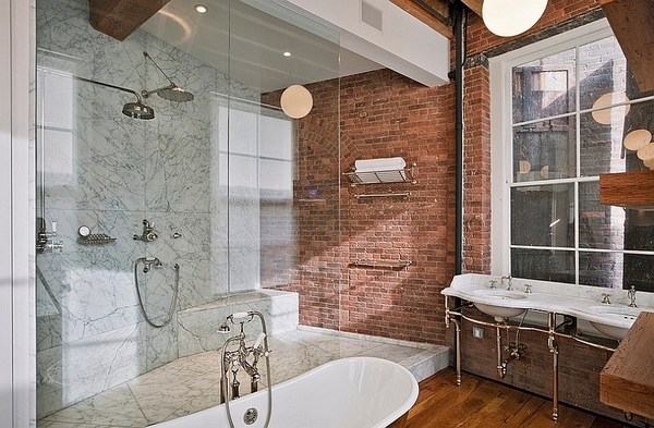 brick wall double sinks wood floor industrial style bathroom 